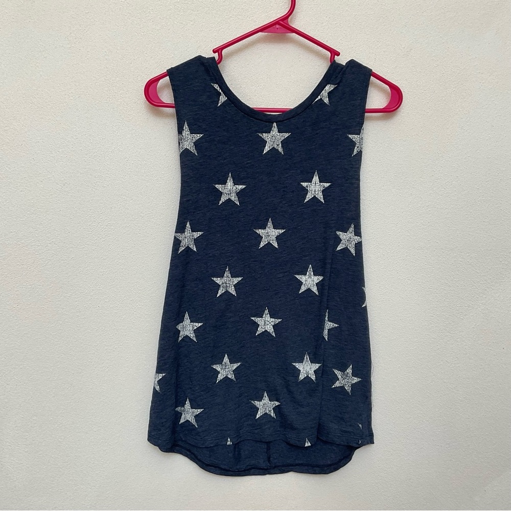 BCG Navy Blue Open Back Star Print Tank Top Size Large Summer Flowy